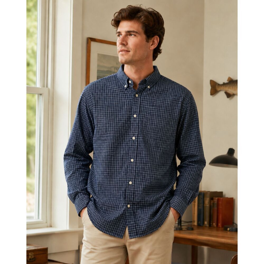 LL BEAN Mens Blue Check Grid Wrinkle Resistant Casual Button Shirt L-Tall VTG